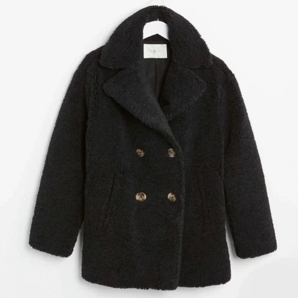 Lou & Grey Oversized Double Breasted Teddy Coat in Black Sherpa